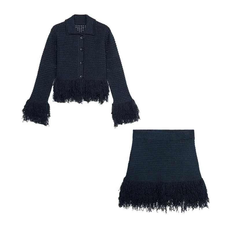 Women's Knit Tassel Cardigan and Hollow Out Single Breasted A-line Mini Skirt Set Stylish Spring Outfit