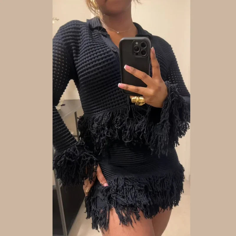 Women's Knit Tassel Cardigan and Hollow Out Single Breasted A-line Mini Skirt Set Stylish Spring Outfit