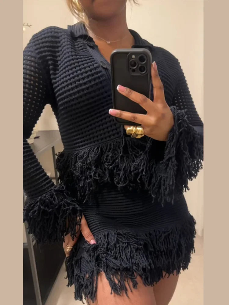 Women's Knit Tassel Cardigan and Hollow Out Single Breasted A-line Mini Skirt Set Stylish Spring Outfit