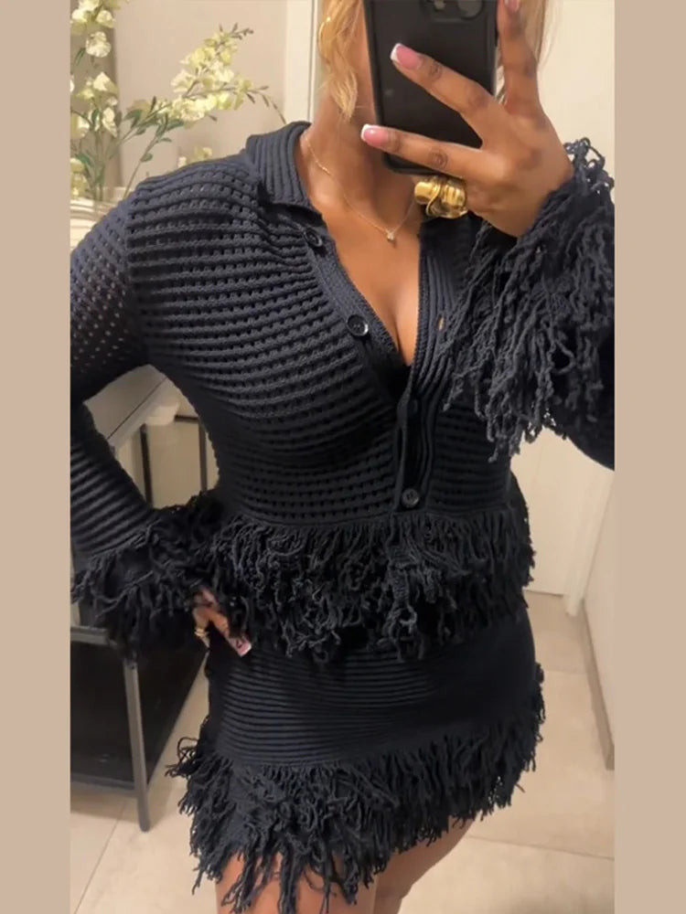 Women's Knit Tassel Cardigan and Hollow Out Single Breasted A-line Mini Skirt Set Stylish Spring Outfit