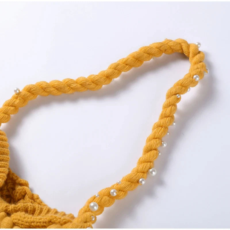 Sexy Pearl Halter Backless Knit Bikini Top and Slim Hip Wrap Skirt Set for Women Beach Holiday Swimwear