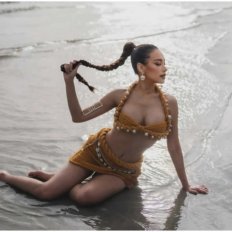 Sexy Pearl Halter Backless Knit Bikini Top and Slim Hip Wrap Skirt Set for Women Beach Holiday Swimwear