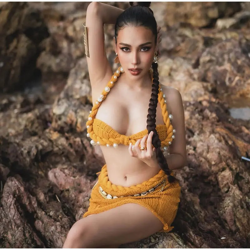 Sexy Pearl Halter Backless Knit Bikini Top and Slim Hip Wrap Skirt Set for Women Beach Holiday Swimwear