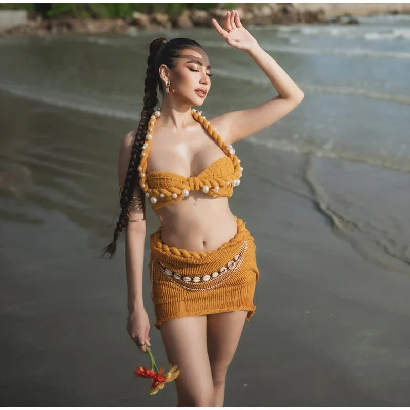 Sexy Pearl Halter Backless Knit Bikini Top and Slim Hip Wrap Skirt Set for Women Beach Holiday Swimwear