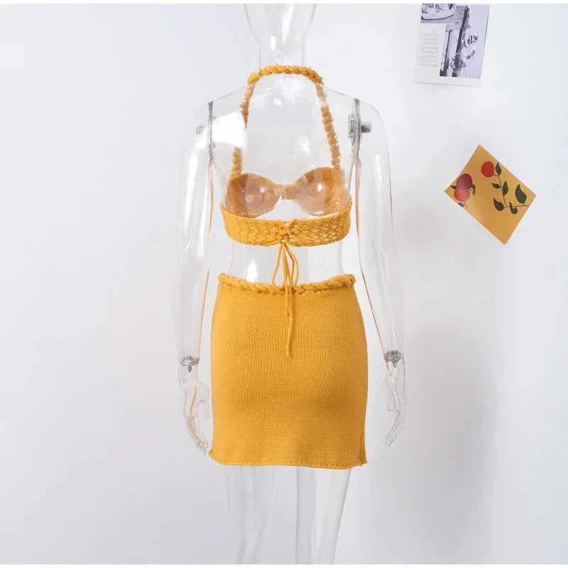 Sexy Pearl Halter Backless Knit Bikini Top and Slim Hip Wrap Skirt Set for Women Beach Holiday Swimwear