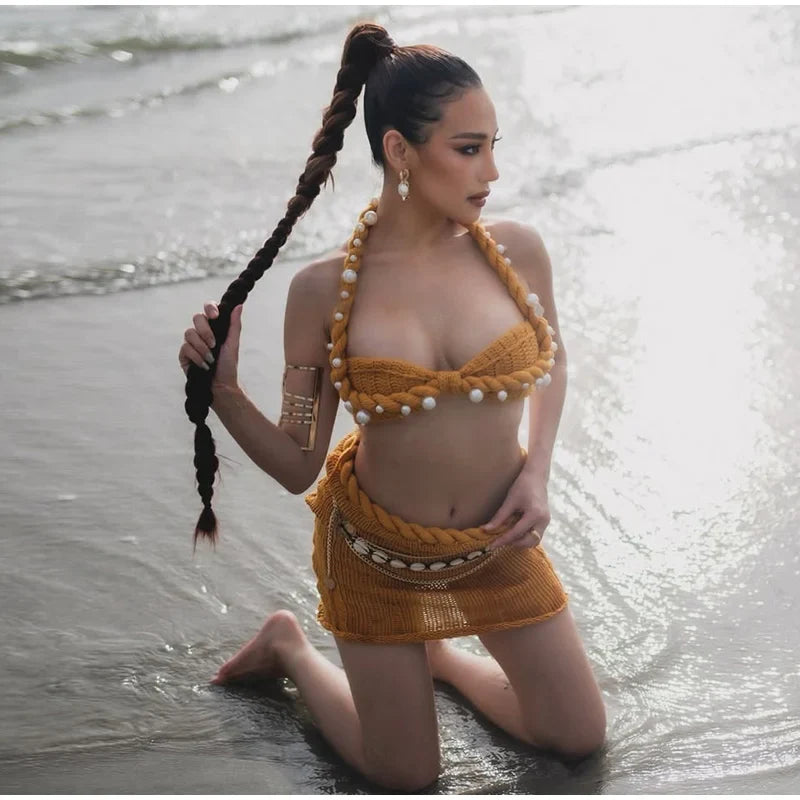 Sexy Pearl Halter Backless Knit Bikini Top and Slim Hip Wrap Skirt Set for Women Beach Holiday Swimwear