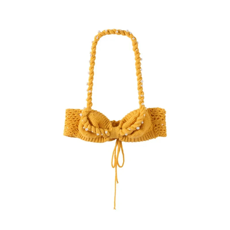 Sexy Pearl Halter Backless Knit Bikini Top and Slim Hip Wrap Skirt Set for Women Beach Holiday Swimwear