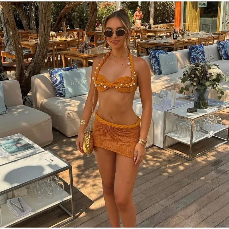 Sexy Pearl Halter Backless Knit Bikini Top and Slim Hip Wrap Skirt Set for Women Beach Holiday Swimwear