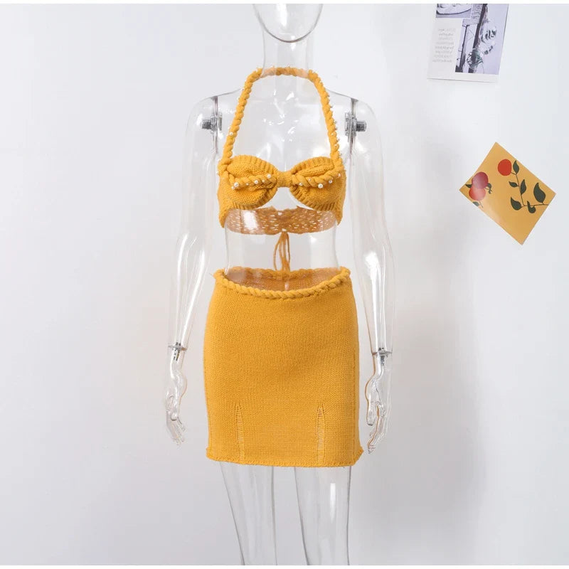 Sexy Pearl Halter Backless Knit Bikini Top and Slim Hip Wrap Skirt Set for Women Beach Holiday Swimwear