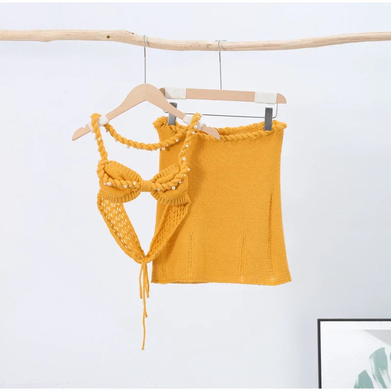 Sexy Pearl Halter Backless Knit Bikini Top and Slim Hip Wrap Skirt Set for Women Beach Holiday Swimwear
