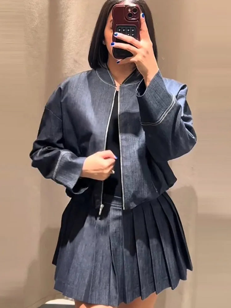 Women's Street Denim Coat and Mini Skirt Set with Stand Collar Long Sleeve Jacket and Pleated Skirt Chic Casual Outfit