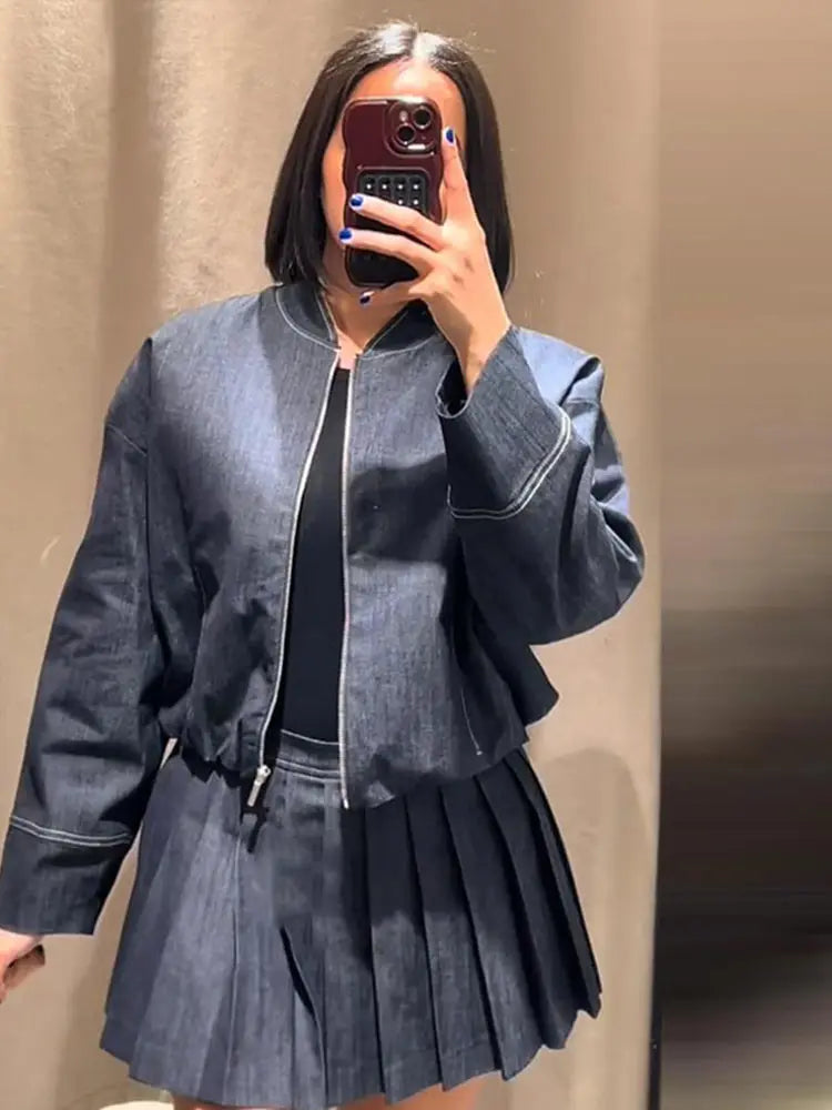 Women's Street Denim Coat and Mini Skirt Set with Stand Collar Long Sleeve Jacket and Pleated Skirt Chic Casual Outfit