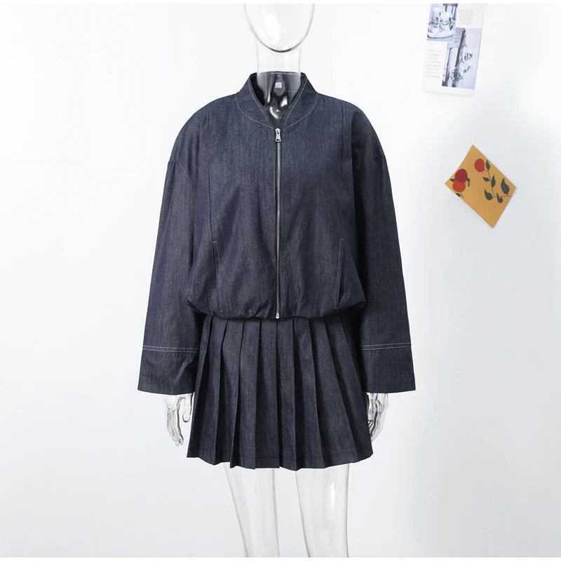 Women's Street Denim Coat and Mini Skirt Set with Stand Collar Long Sleeve Jacket and Pleated Skirt Chic Casual Outfit