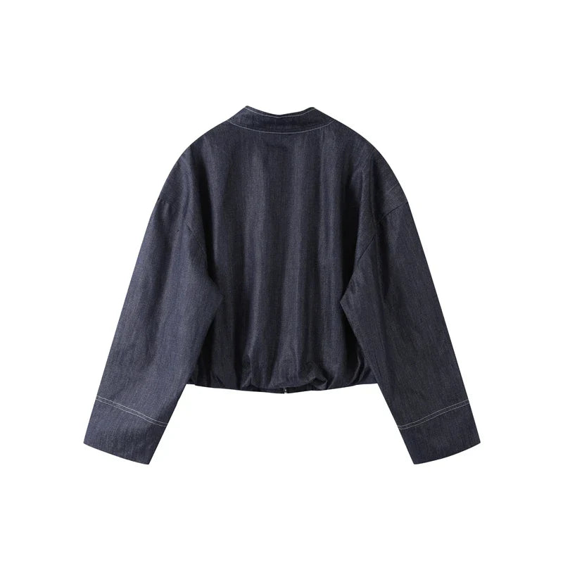 Women's Street Denim Coat and Mini Skirt Set with Stand Collar Long Sleeve Jacket and Pleated Skirt Chic Casual Outfit