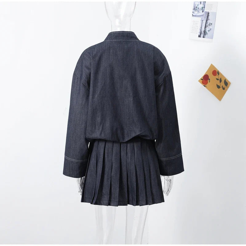 Women's Street Denim Coat and Mini Skirt Set with Stand Collar Long Sleeve Jacket and Pleated Skirt Chic Casual Outfit