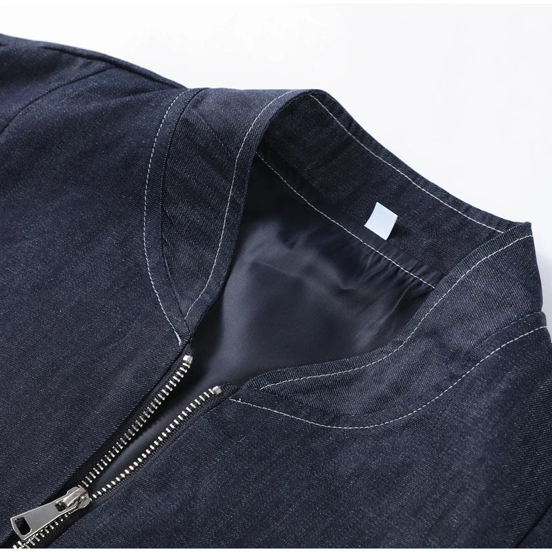 Women's Street Denim Coat and Mini Skirt Set with Stand Collar Long Sleeve Jacket and Pleated Skirt Chic Casual Outfit