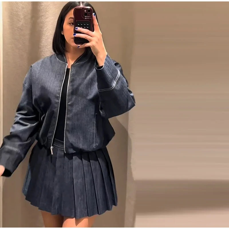 Women's Street Denim Coat and Mini Skirt Set with Stand Collar Long Sleeve Jacket and Pleated Skirt Chic Casual Outfit