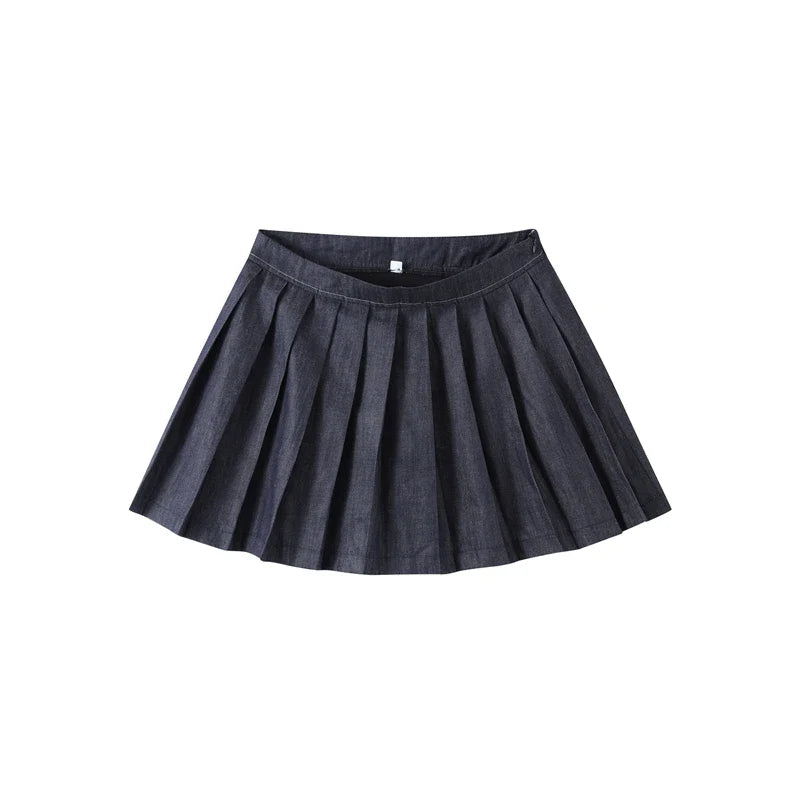 Women's Street Denim Coat and Mini Skirt Set with Stand Collar Long Sleeve Jacket and Pleated Skirt Chic Casual Outfit