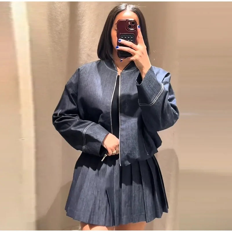 Women's Street Denim Coat and Mini Skirt Set with Stand Collar Long Sleeve Jacket and Pleated Skirt Chic Casual Outfit
