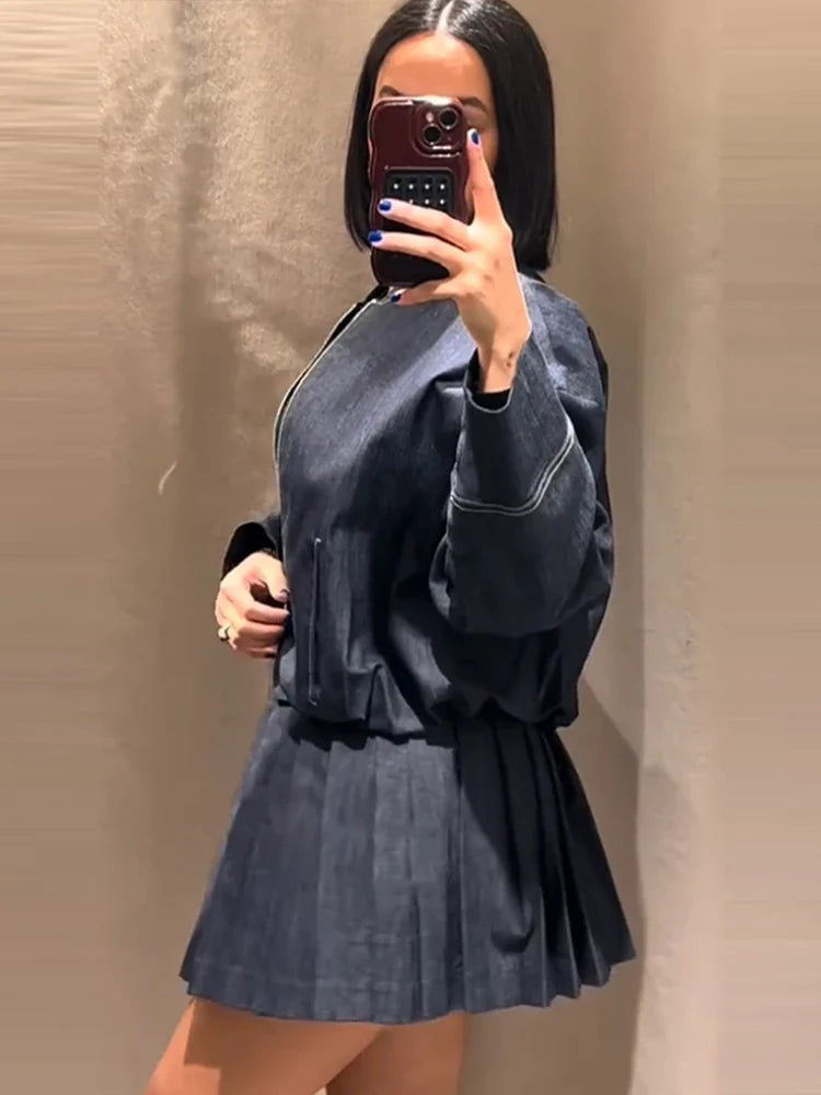 Women's Street Denim Coat and Mini Skirt Set with Stand Collar Long Sleeve Jacket and Pleated Skirt Chic Casual Outfit