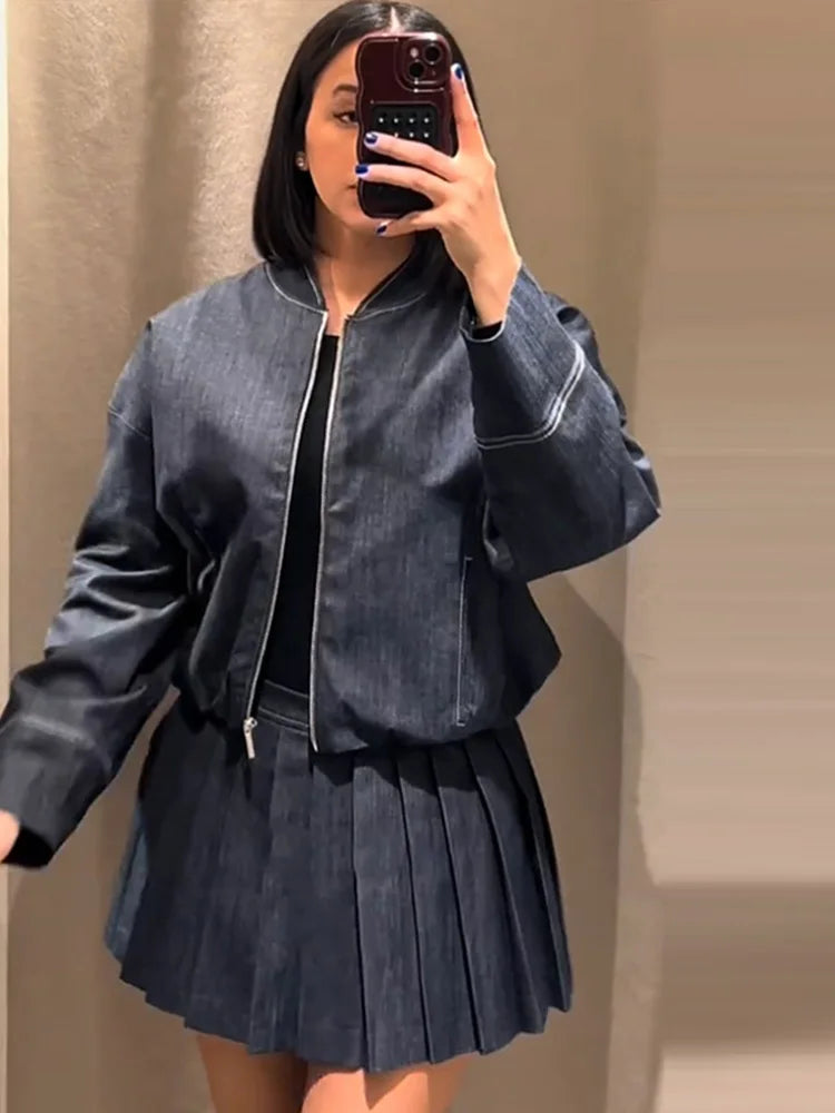 Women's Street Denim Coat and Mini Skirt Set with Stand Collar Long Sleeve Jacket and Pleated Skirt Chic Casual Outfit