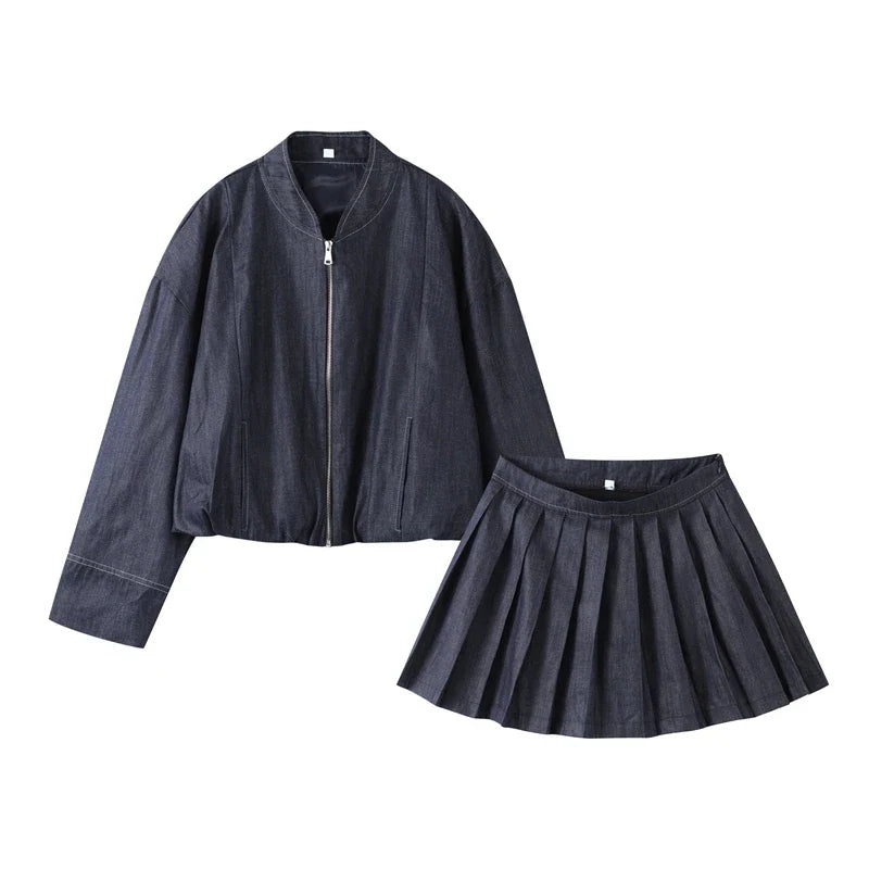 Women's Street Denim Coat and Mini Skirt Set with Stand Collar Long Sleeve Jacket and Pleated Skirt Chic Casual Outfit