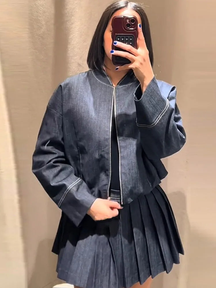 Women's Street Denim Coat and Mini Skirt Set with Stand Collar Long Sleeve Jacket and Pleated Skirt Chic Casual Outfit