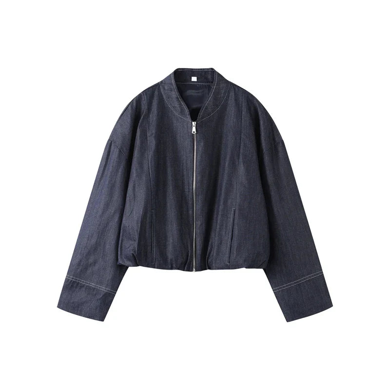 Women's Street Denim Coat and Mini Skirt Set with Stand Collar Long Sleeve Jacket and Pleated Skirt Chic Casual Outfit