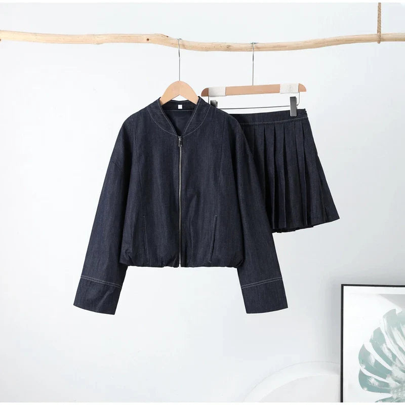 Women's Street Denim Coat and Mini Skirt Set with Stand Collar Long Sleeve Jacket and Pleated Skirt Chic Casual Outfit