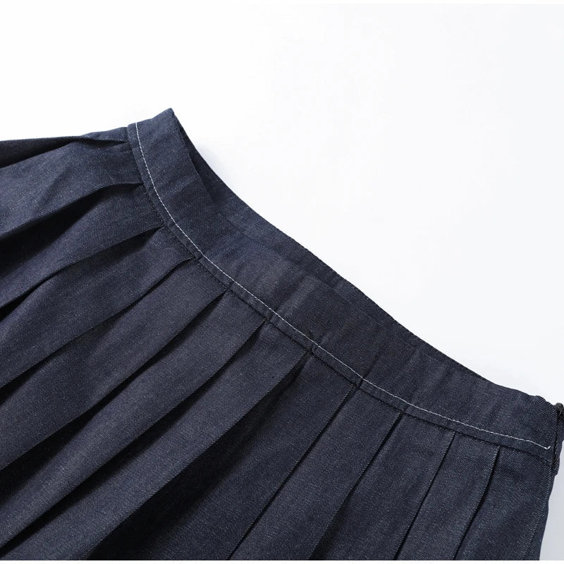 Women's Street Denim Coat and Mini Skirt Set with Stand Collar Long Sleeve Jacket and Pleated Skirt Chic Casual Outfit