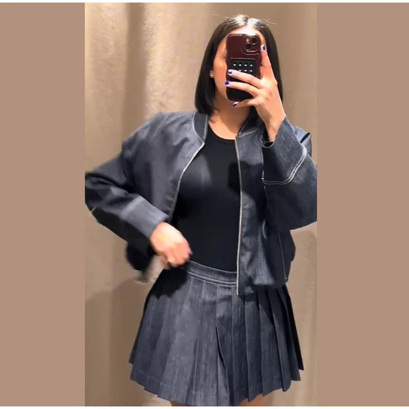 Women's Street Denim Coat and Mini Skirt Set with Stand Collar Long Sleeve Jacket and Pleated Skirt Chic Casual Outfit