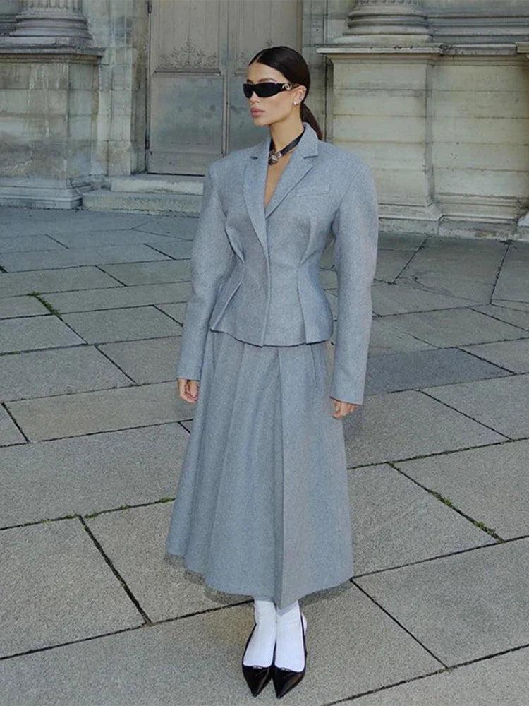 Elegant Women's Woolen Coat and Skirt Set Grey Lapel Blazer with Hidden Buckle and Pleated Midi Skirt Autumn Winter Fashion Ensemble