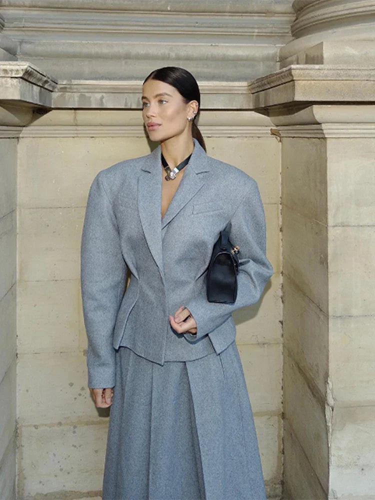Elegant Women's Woolen Coat and Skirt Set Grey Lapel Blazer with Hidden Buckle and Pleated Midi Skirt Autumn Winter Fashion Ensemble