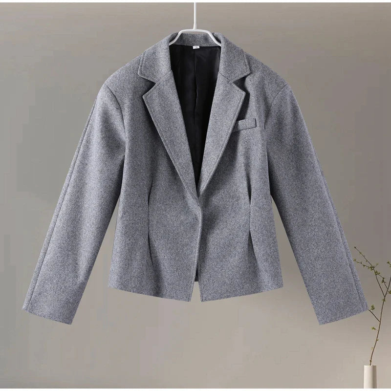 Elegant Women's Woolen Coat and Skirt Set Grey Lapel Blazer with Hidden Buckle and Pleated Midi Skirt Autumn Winter Fashion Ensemble