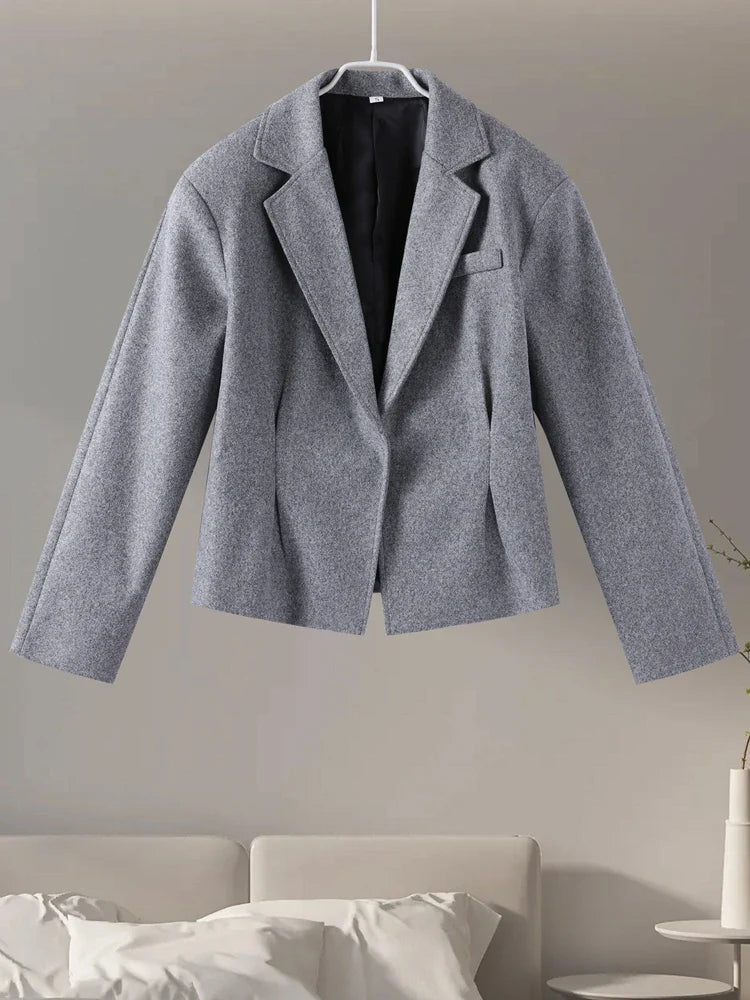 Elegant Women's Woolen Coat and Skirt Set Grey Lapel Blazer with Hidden Buckle and Pleated Midi Skirt Autumn Winter Fashion Ensemble