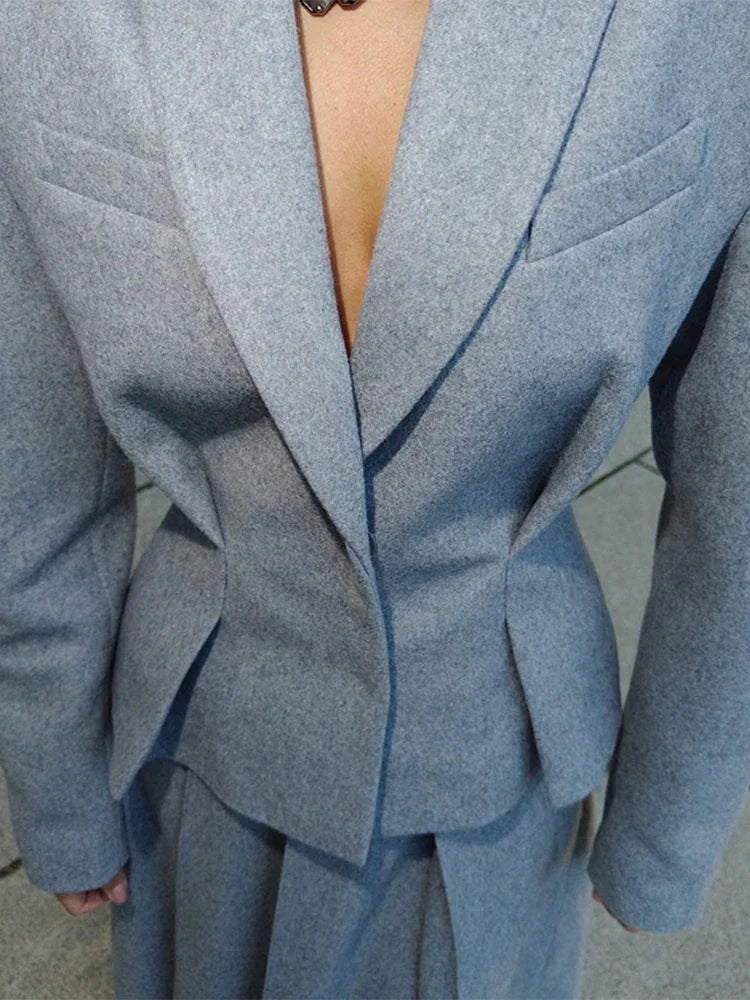 Elegant Women's Woolen Coat and Skirt Set Grey Lapel Blazer with Hidden Buckle and Pleated Midi Skirt Autumn Winter Fashion Ensemble