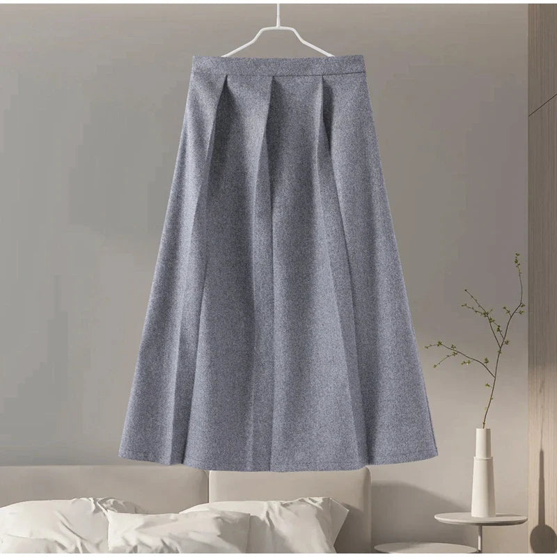 Elegant Women's Woolen Coat and Skirt Set Grey Lapel Blazer with Hidden Buckle and Pleated Midi Skirt Autumn Winter Fashion Ensemble