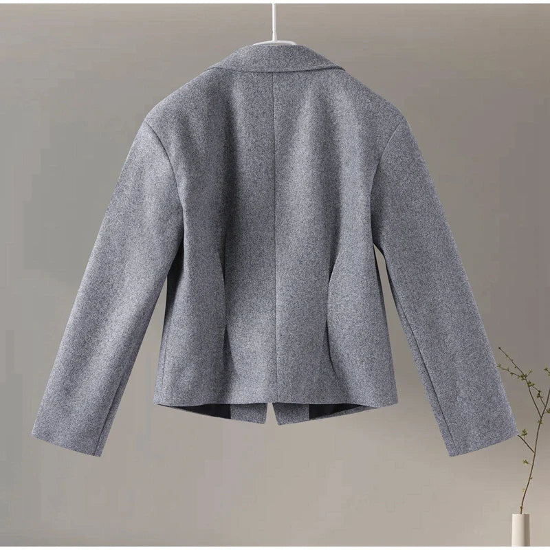 Elegant Women's Woolen Coat and Skirt Set Grey Lapel Blazer with Hidden Buckle and Pleated Midi Skirt Autumn Winter Fashion Ensemble