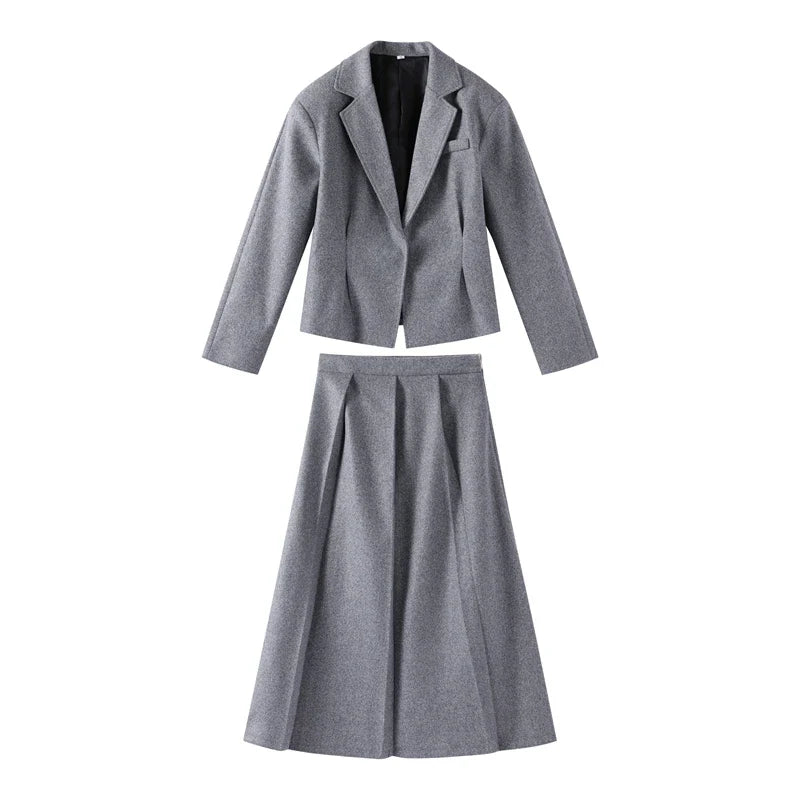 Elegant Women's Woolen Coat and Skirt Set Grey Lapel Blazer with Hidden Buckle and Pleated Midi Skirt Autumn Winter Fashion Ensemble