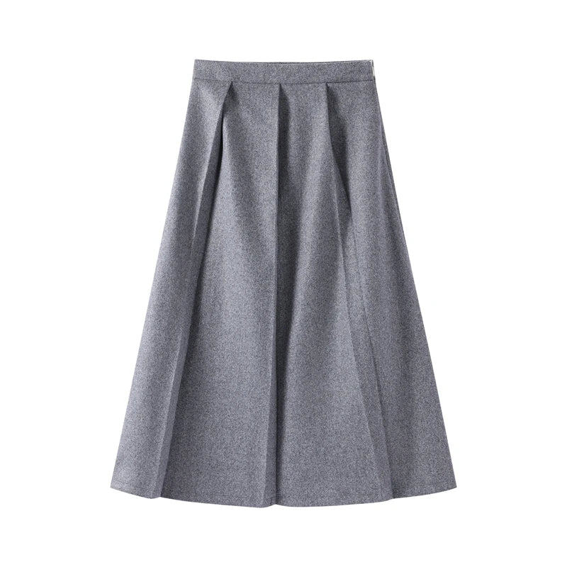 Elegant Women's Woolen Coat and Skirt Set Grey Lapel Blazer with Hidden Buckle and Pleated Midi Skirt Autumn Winter Fashion Ensemble