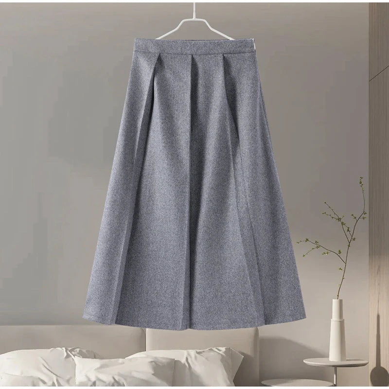 Elegant Women's Woolen Coat and Skirt Set Grey Lapel Blazer with Hidden Buckle and Pleated Midi Skirt Autumn Winter Fashion Ensemble