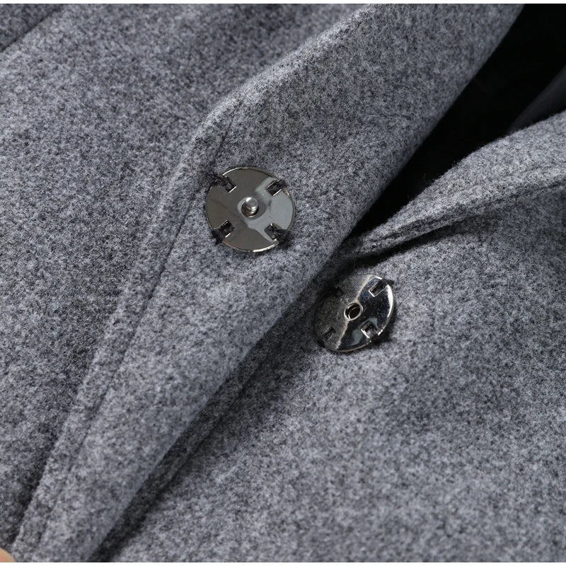 Elegant Women's Woolen Coat and Skirt Set Grey Lapel Blazer with Hidden Buckle and Pleated Midi Skirt Autumn Winter Fashion Ensemble