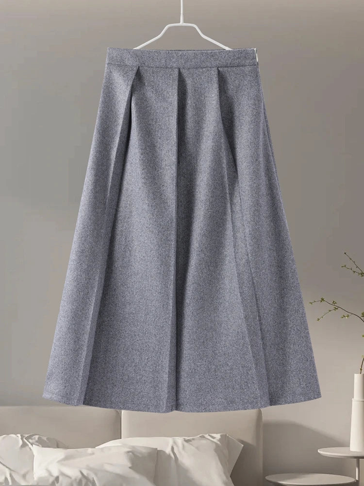Elegant Women's Woolen Coat and Skirt Set Grey Lapel Blazer with Hidden Buckle and Pleated Midi Skirt Autumn Winter Fashion Ensemble