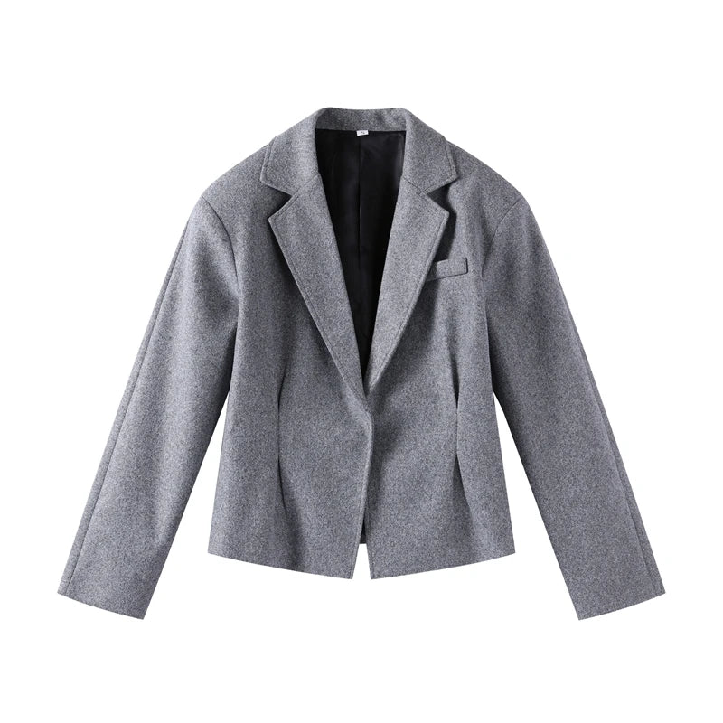 Elegant Women's Woolen Coat and Skirt Set Grey Lapel Blazer with Hidden Buckle and Pleated Midi Skirt Autumn Winter Fashion Ensemble