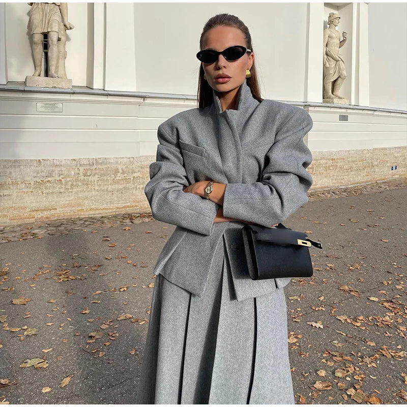 Elegant Women's Woolen Coat and Skirt Set Grey Lapel Blazer with Hidden Buckle and Pleated Midi Skirt Autumn Winter Fashion Ensemble