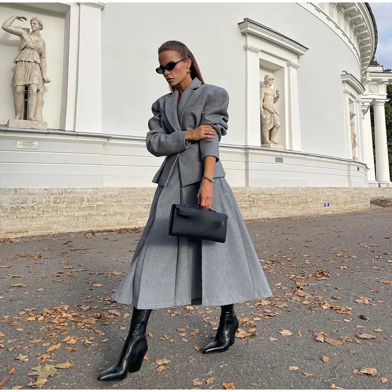Elegant Women's Woolen Coat and Skirt Set Grey Lapel Blazer with Hidden Buckle and Pleated Midi Skirt Autumn Winter Fashion Ensemble