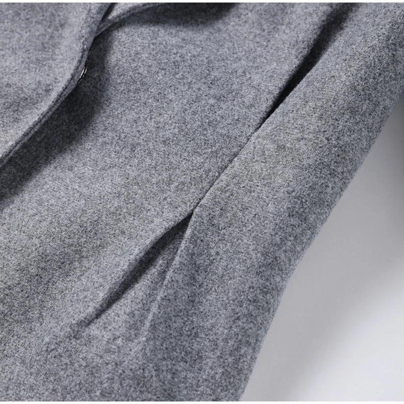 Elegant Women's Woolen Coat and Skirt Set Grey Lapel Blazer with Hidden Buckle and Pleated Midi Skirt Autumn Winter Fashion Ensemble