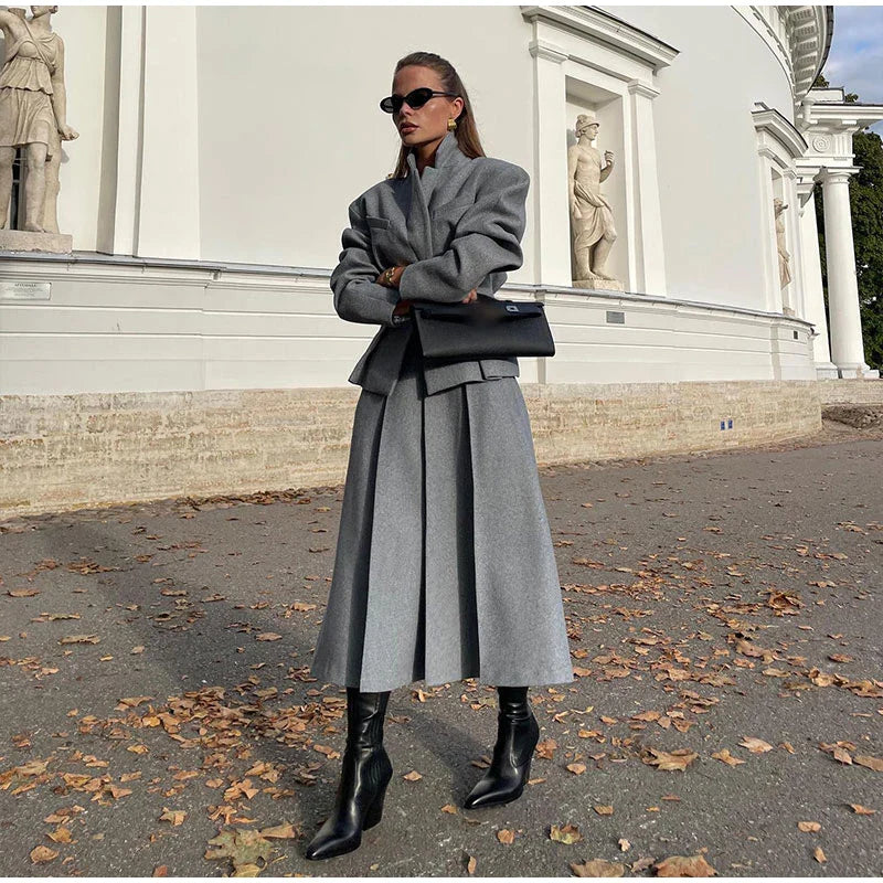 Elegant Women's Woolen Coat and Skirt Set Grey Lapel Blazer with Hidden Buckle and Pleated Midi Skirt Autumn Winter Fashion Ensemble