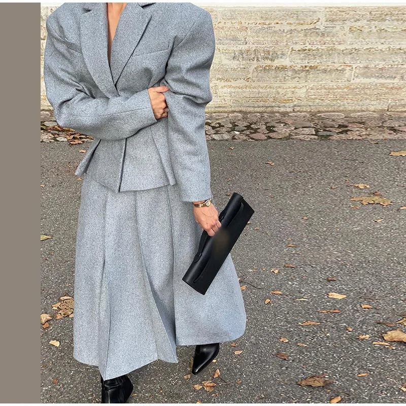 Elegant Women's Woolen Coat and Skirt Set Grey Lapel Blazer with Hidden Buckle and Pleated Midi Skirt Autumn Winter Fashion Ensemble