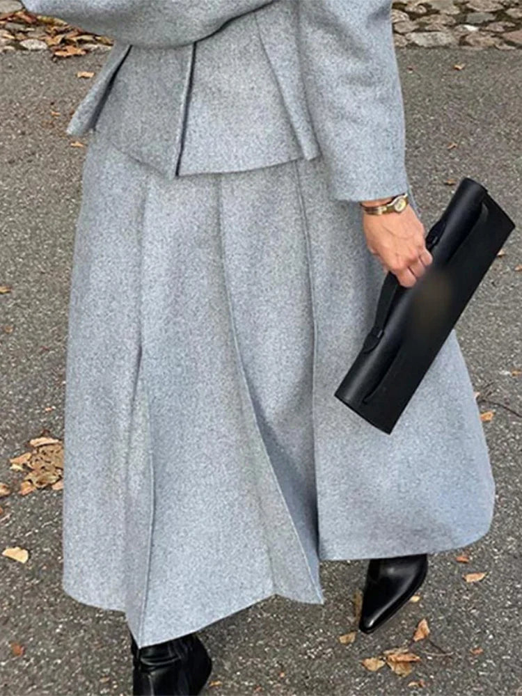 Elegant Women's Woolen Coat and Skirt Set Grey Lapel Blazer with Hidden Buckle and Pleated Midi Skirt Autumn Winter Fashion Ensemble